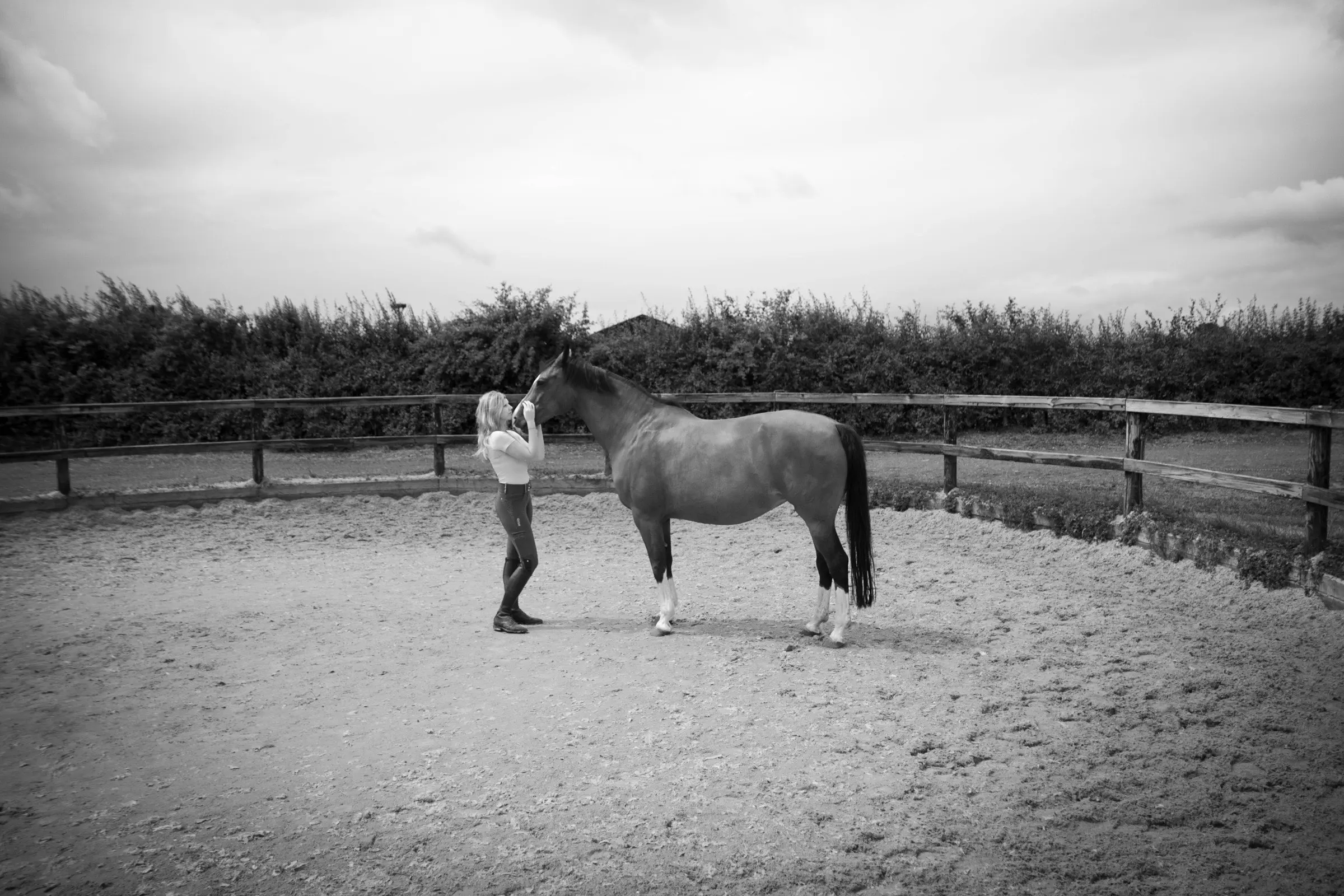 Leerling en paard tegenover elkaar in de buitenbak